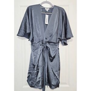 The Drop XS Mini Dress‎ Tie Front V Neck Flutter Sleeve Satin Grey